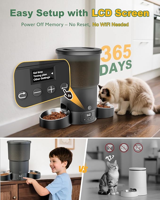 Gimars 5L Automatic Cat Feeder for 2 Cats, Programmable 1-6 Meals Cat Food Dispenser with Stainless Steel Bowl, Easy Setup, Dual Power Supply,10s Meal Call Timed Pet Feeder for Cats and Small Dogs-PawvioPets