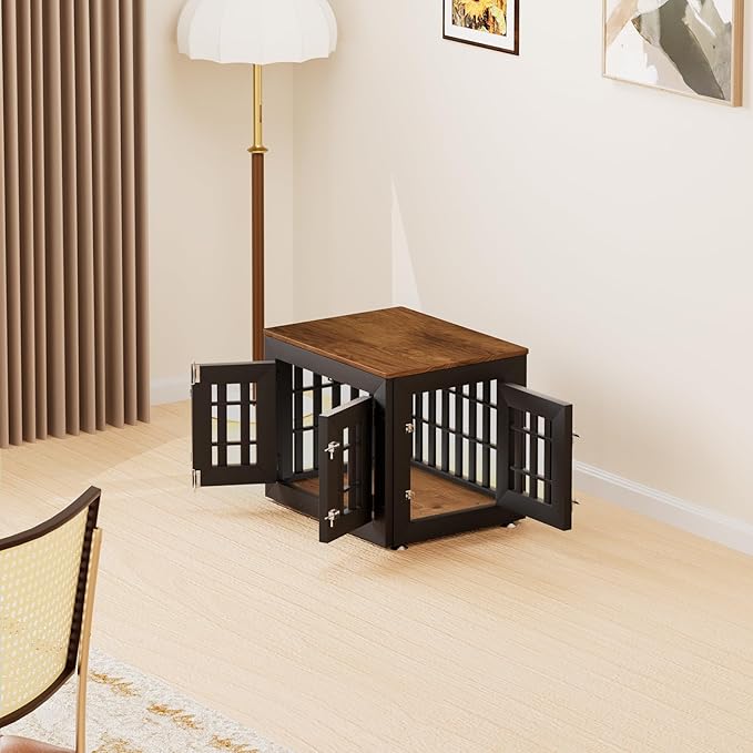 26" Heavy Duty Dog Crate Furniture for Small,Medium and Large Dogs,Rustic Wooden Dog Cage Kennel Indoor Furniture with Waterproof Top,Decorative Pet House Side End Table (Black & Wood)-PawvioPets