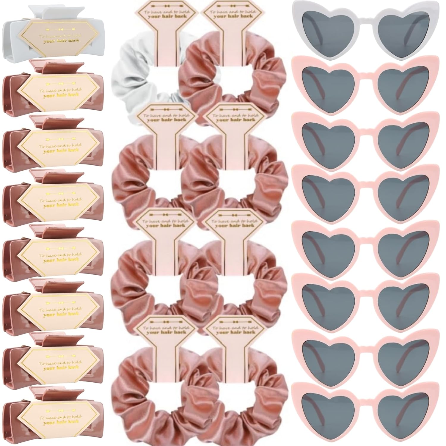 Bridesmaid Scrunchies Proposal Gifts Bachelorette Hair Claws Clips Girls heart sunglasses for Wedding Party Favors (White&Rose Gold)