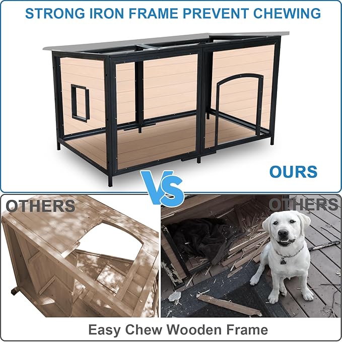 Extra Large Dog House Outdoor Weatherproof 59.1" Outside Wooden Dog Kennel, Chewproof Strong Iron Frame Window-PawvioPets