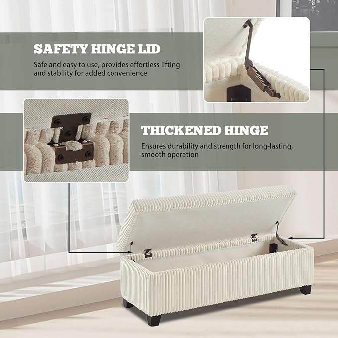 48" Ottoman with Storage, Corduroy Storage Ottoman Bench for Bedroom, End of Bed Bench with Safety Hinge for Living Room, Bedroom, Entryway, White-PawvioPets