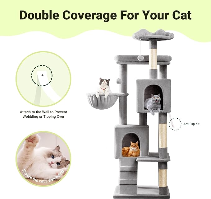 Allewie 64 Inches Cat Tree Tower/Multi-Level Activity Center for Indoor Big Felines/2 Plush Condos/2 Perchs/Basket/House/Sisal Scratching Posts/Hanging Cat Toys/Grey-PawvioPets