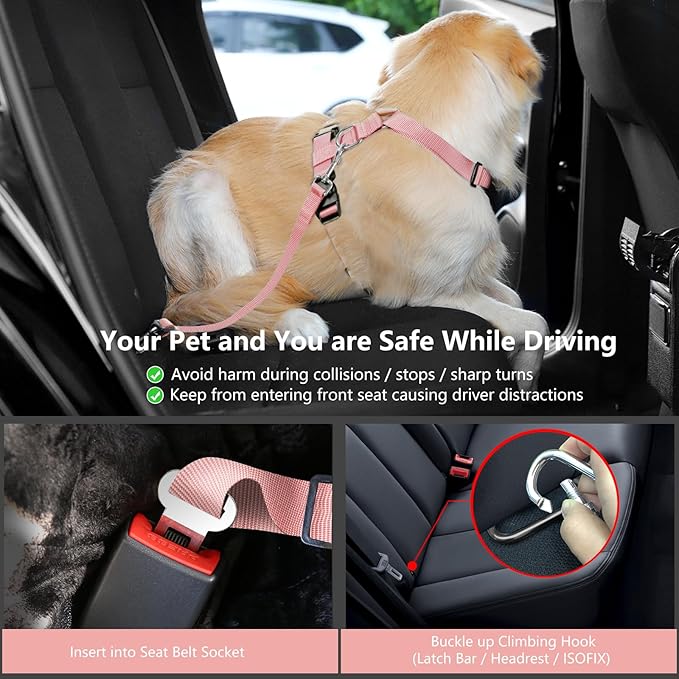 Dog Seat Belt, Safety Vest Dog Car Harness with Adjustable Buckle Dog Seat Belt for Vehicle Nylon Pet Safety Seat Belts Heavy Duty(S, Pink Daisy)-PawvioPets