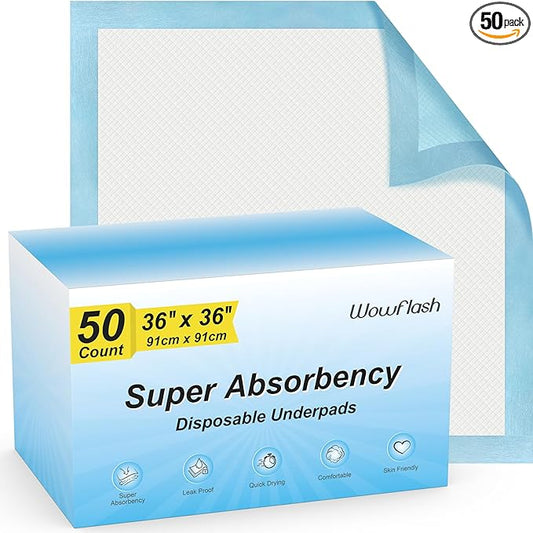 50 Count 36" x 36" Super Absorbency Disposable Underpads - Leakproof Quick Drying Pads for Baby, Puppy & Adults, Bed Pads, Incontinence & Dog Pee-PawvioPets