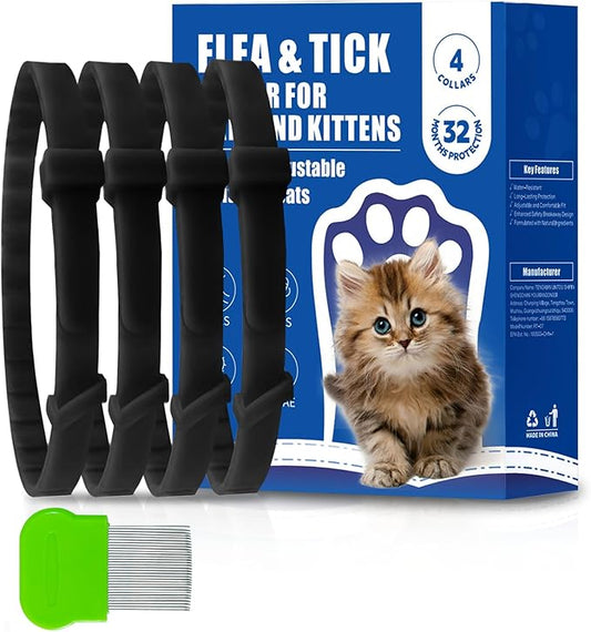 4 Pack Flea and Tick Collar for Cats, Natural Plant Oil Formula Cat Flea Collar Provides 32-Month Protection for Flea Tick Prevention, Waterproof & Adjustable Cat Flea Treatment for Most Cats-PawvioPets