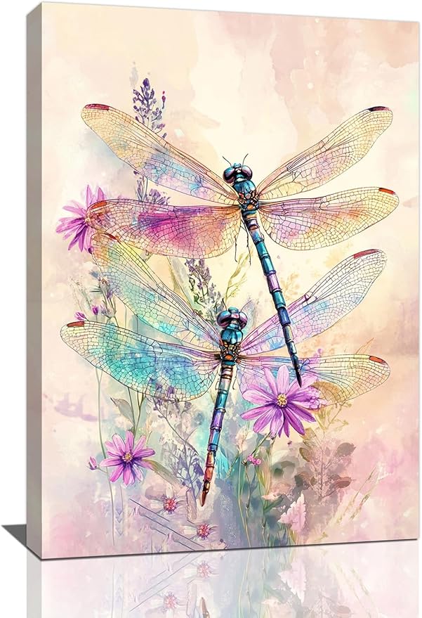 Dragonfly Bathroom Pictures Wall Art, Floral Bathroom Wall Decor, Framed Painting Canvas Artwork for Bedroom Living Room Decorations 24"L x 16"W-PawvioPets