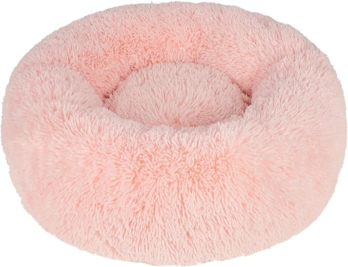 Best Pet Supplies Round Donut Dog Bed with Plush Faux Fur Fabric, Calming, Anti-Anxiety Cushion for Indoor Pets, Slip-Resistant Base, Soft Ergonomic Support - Pink, 30x30x8''-PawvioPets