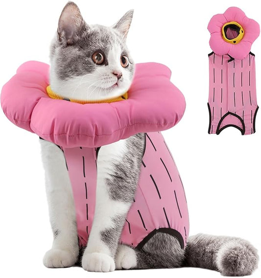 EMUST 2PCS Cat Recovery Suit and Cone Collar - Female, Breathable Cotton, Adjustable Soft E Collar Alternative for Cats 8-16lb (Pink, L)-PawvioPets