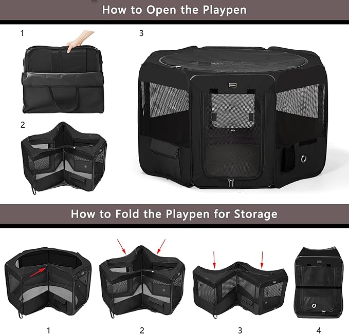 DONORO Dog Playpen Portable Pet Play Pens for Small Dog/Cat/Rabbit/Chicks, Cat Playpen Indoor/Outdoor with Carring Case, Removable Zipper Top and Bottom (Black, Large (46"x46"x23"), 8)-PawvioPets