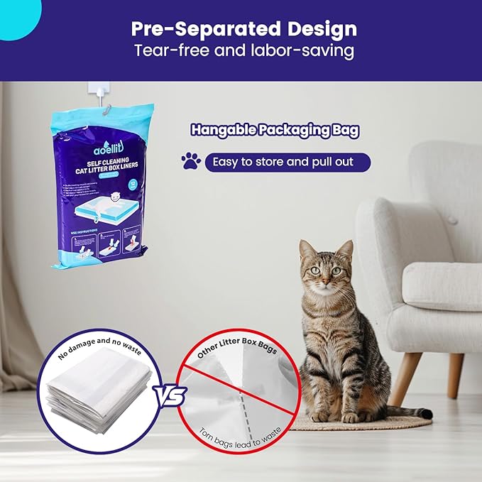 24 Count Litter Box Liners, Waste Bags Compatible with Pet-safe ScoopFree Self-Cleaning Litter Box Tray Refills, Drawstring Litter Bags for Reusable Tray, Pre-Separated (38"L x 14.5"W x 7.8"H)-PawvioPets