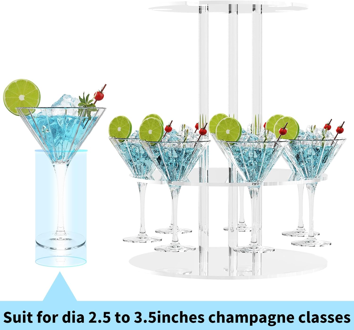 Champagne Tower, Circle Acrylic Champagne Display Rack Stand with 12 Slots, 2 Tiers Floating Sight Champagne Flute Holder for Party, Wedding, School, Celebration, 11.8x11.8x15.4 inch