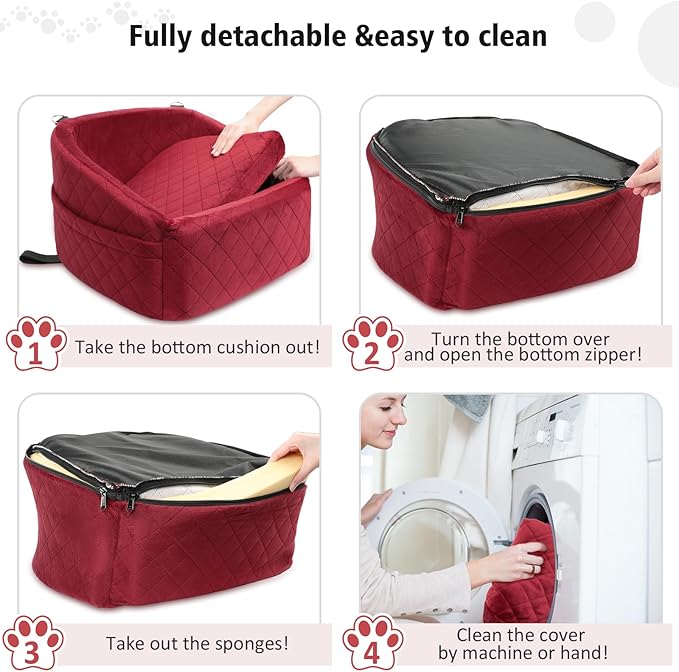 Dog Car Seat for Small Medium Dogs,Detachable Washable Dog Booster Seat Under 30lbs, Pet Car Seats Travel Bed with Storage Pockets and Safety Belt(Red)-PawvioPets