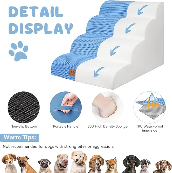 Dog Ramp and Stair for Bed 16" H-20 H,3-Step Cat Stair for Sofa and Chair,4-Step Dog Ramp for High Bed and Window,Durable Nonslip Fabric Cover for Indoor (Blue-20“H, Pet Friendly, 4)-PawvioPets