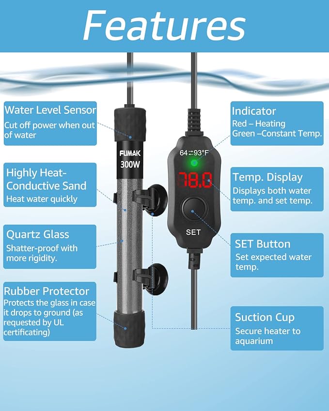 300W Adjustable Aquarium Heater Super Short Submersible Fish Tank Heater Fish Heater with LED Digital Display Thermostat, for Tanks 40-60 Gallons-PawvioPets