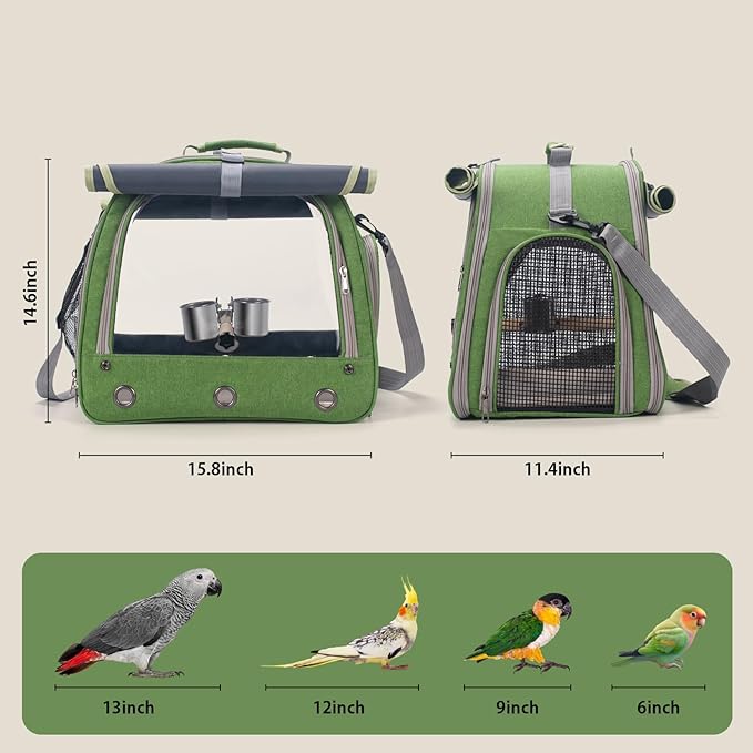 Bird Carrier Parrot Travel Cage with Perch, Food Bowl, Tray and Breathable Clear Window, Bird Travel Bag for African Gray Cockatiel Caique Conure Quaker, for Vetting Camping Hiking (Green)-PawvioPets