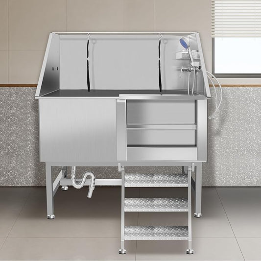 Dog Washing Station 38'' Stainless Steel Pet Grooming Tub for Large Dogs Over-Size Professional Dog Grooming Bathtub Station Wash Shower Sink Pet Grooming Bathtub Station-PawvioPets