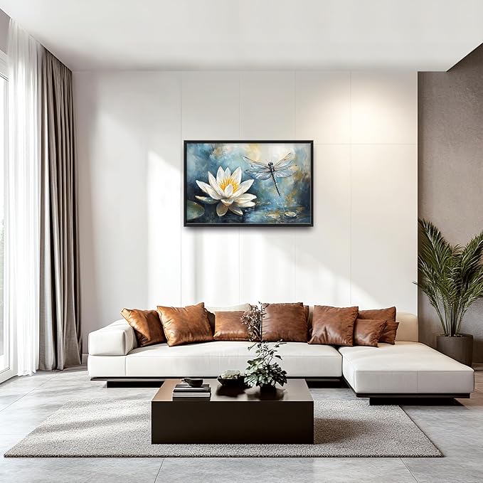 Extra Large Lotus Dragonfly Framed Wall Art for Living Room,Abstract Blue Lotus Flower Lake Pictures Wall Decor,Nature Canvas Print Painting Modern Artwork Bedroom Office Bathroom 36L" x 24W"-PawvioPets
