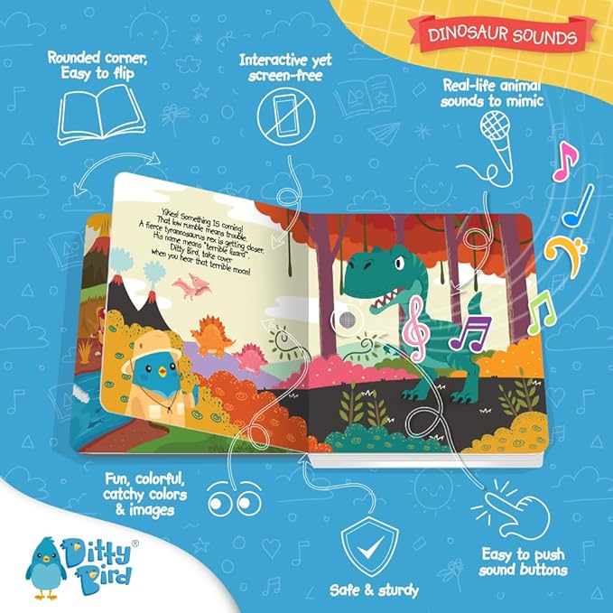 Ditty Bird Dinosaur Book for Toddlers | Realistic Dino Sound Book | Interactive T-Rex Board Books for Toddlers 1-3 | Sensory, Musical Books for Dino Lovers | Sturdy Nursery Rhyme Toys for Baby-PawvioPets