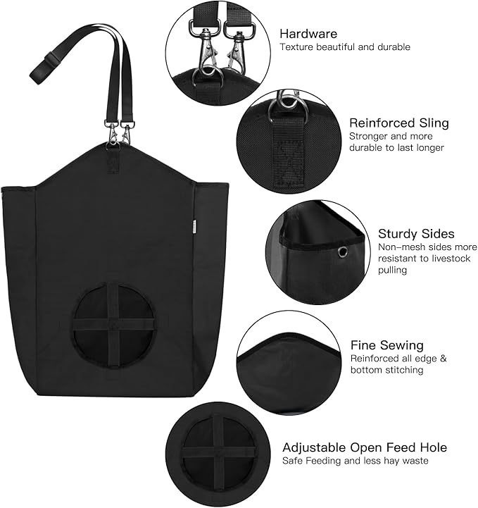 3 Packs Goat Hay Feeder,Hay Bags for Goats,Horses,Sheep,Premium 600D Oxford Cloth,with Metal Fastener and Adjustable Open Feed Hole for Slow Feeding. (3 Black)-PawvioPets
