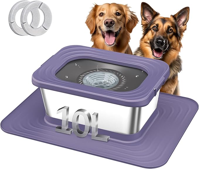 Decflow 10L Stainless Steel Dog Water Bowl, No Spill Anti-Splash Dog Bowls with XXL Silicone Mat, Spill-Proof Slow Feeder for Messy Drinkers, Heavy Duty Pet Bowls for Indoor/Outdoor Use Purple-PawvioPets
