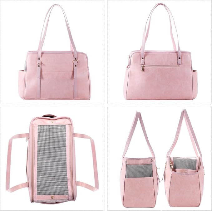 Dog Carrier Purse, Fashion Leather Pet Carrier with Pockets, Airline Approved Soft Sided Dog Carrying Bag for Puppy Cat Dog Pink-PawvioPets
