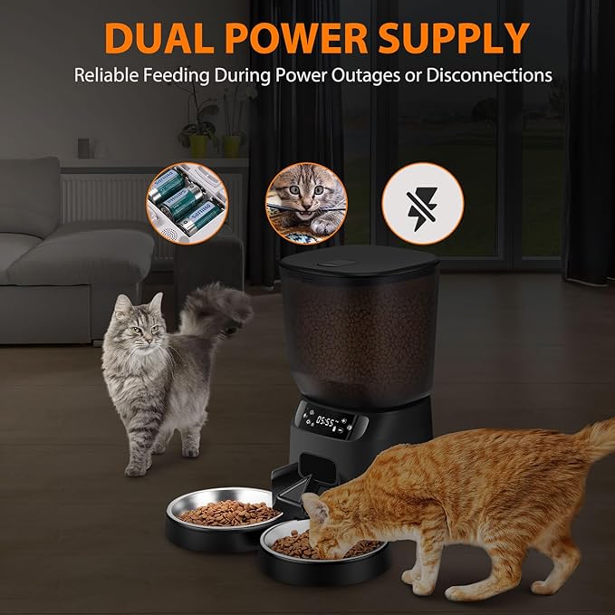 Automatic Cat Feeders for Two Cats, 5L/20 Cups Double Automatic Cat Food Dispenser with 2 Stainless Bowls, Timer Setting 20 Portions 6 Meals Per Day, 10s Meal Call, Pet Feeder for Dog (Black)-PawvioPets