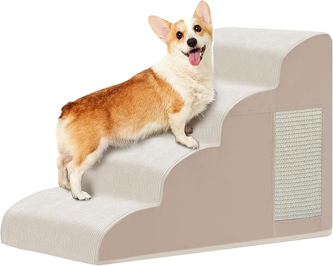 Dogs Steps for Bed, Dog Stairs for Small Dogs, 4-Step Dog Ramp for Bed, Couch, Sofa, and Chairs, Non-Slip Bottom Design, Cat Scratching, High Density Foam Portable Pet Step, Indoor, Beige-PawvioPets