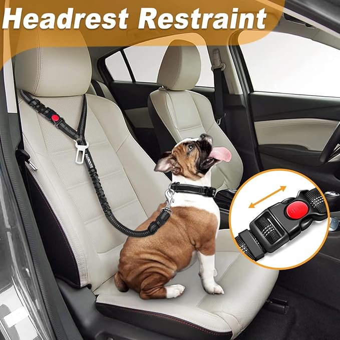 3 Piece Dog Car Seat Belt Set - Retractable Adjustable Pet Seatbelts for Vehicle Headrests - Heavy Duty, Elastic & Durable Car Harness for Dogs-PawvioPets