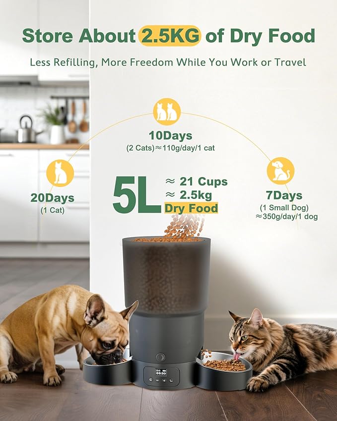Gimars 5L Automatic Cat Feeder for 2 Cats, Programmable 1-6 Meals Cat Food Dispenser with Stainless Steel Bowl, Easy Setup, Dual Power Supply,10s Meal Call Timed Pet Feeder for Cats and Small Dogs-PawvioPets