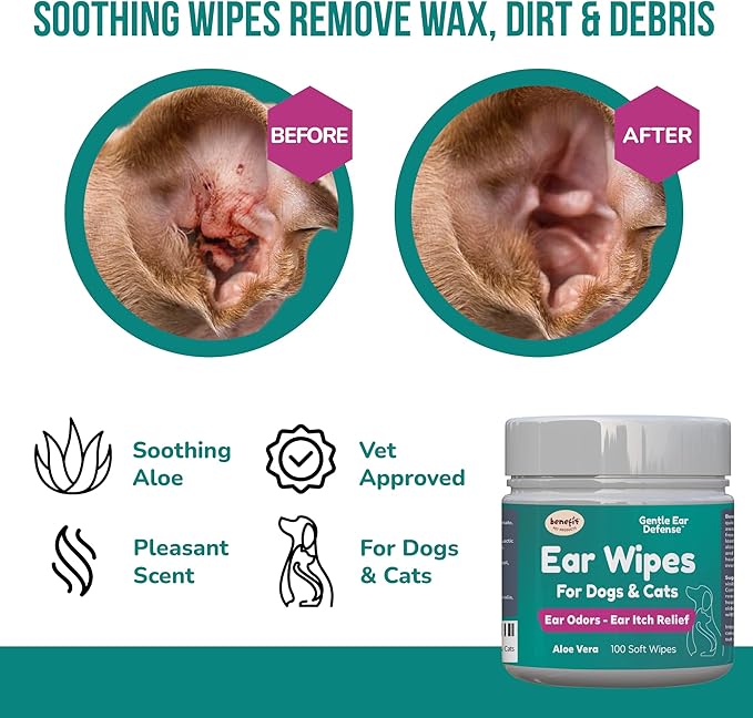 Benefit Pet Products Dog Ear Wipes - Ear Cleaner for Dogs to Prevent Infections, Itching & Odor - Aloe & Eucalyptus, Grooming Wipes - 100 Count-PawvioPets