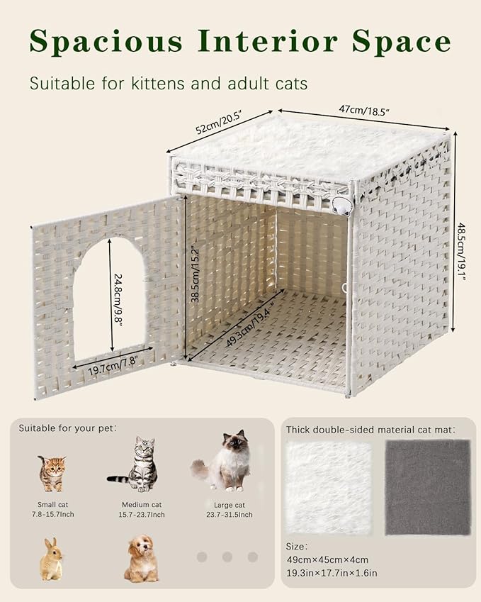Cat Beds for Indoor Cats Extra Large Double Cat Cave Pet Cube, Handwoven Rattan Cat Houses with Double-Sided Soft Cushions, 18.5 x 20.5 x 19.1 Inches Foldable Hideaway in Living Room White-PawvioPets