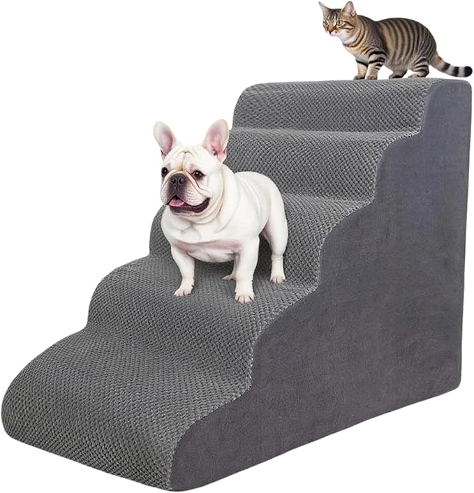 5 Step Pet Stairs Ramp for High Beds Sofas 5-30 Inch with Sturdy Non Slip Waterproof Pads, Machine Washable Cover Indoor Balanced Design for Cats Dogs Small Medium Large XL Pets Grey (Grey, Large, 1)-PawvioPets