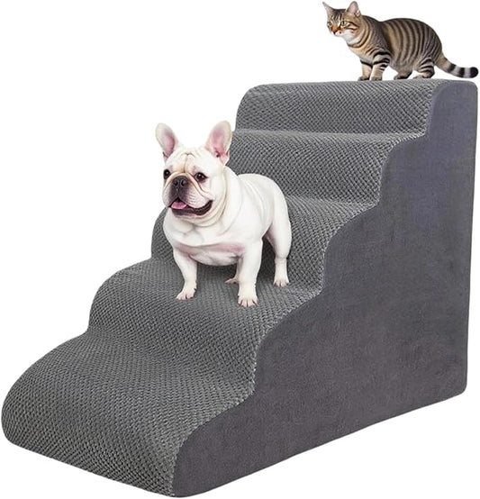 5 Step Pet Stairs Ramp for High Beds Sofas 5-30 Inch with Sturdy Non Slip Waterproof Pads, Machine Washable Cover Indoor Balanced Design for Cats Dogs Small Medium Large XL Pets Grey (Grey, Large, 1)-PawvioPets