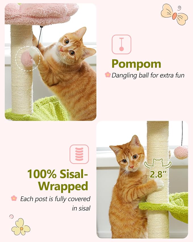 Flower Cat Tree, 28" Cat Tower with Cozy Flower Perch, Large Hammock for Indoor Small Cats, Cute Cat Tree with Sisal Scratching Post and Fur Toy Ball for Kittens, Pink-PawvioPets