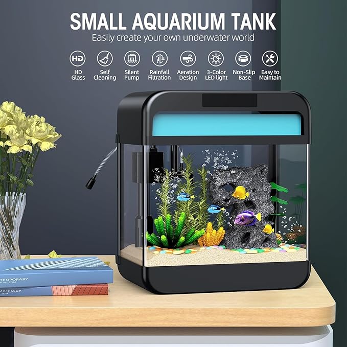 Fish Tank Aquarium 2.2 Gallon with Adjustable 3 Colors Lighting 3 in 1 Pump with Filteration, Oxygenation, Water Circulation Triple Function, HD Float Glass, Leak-Proof Thickened Base-PawvioPets