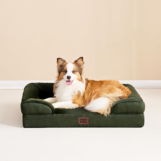 EHEYCIGA Orthopedic Dog Beds for Large Dogs, Waterproof Memory Foam Large Pet Bed with Sides, Non-Slip Bottom and Egg-Crate Foam Dog Couch Bed with Washable Removable Cover, Dark Green-PawvioPets