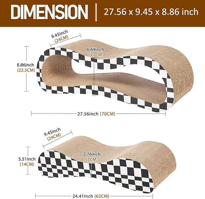 2 in 1 Cat Scratcher Cardboard Lounge Bed, Cat Scratching Post, Durable Board Pads Prevents Furniture Damage,Large,Checkerboard-PawvioPets
