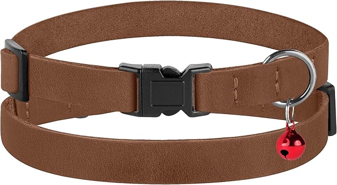 Breakaway Cat Collar Leather with Removable Bell - 13 Colors Available - Soft Adjustable Girl Boy Safety Lightweight Pet Kitten Collars Pink Brown Blue Green Red Orange Black (Cognac)-PawvioPets