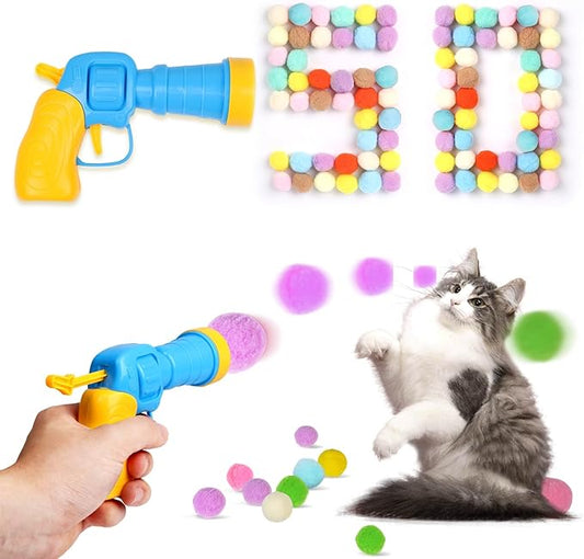 50Pcs Cat Toys Pom Pom Balls with 1 Launcher Set, Interactive Cat Toy Stuff for Indoor Both Adult & Kitten Toys-PawvioPets
