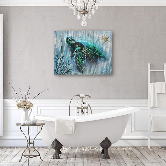 Arjun Bathroom Decor Blue Wall Art Canvas Green Sea Turtle Teal Submarine Picture, Blue Modern Landscape Painting Framed for Living Room Bedroom Home Office Wall Decor, 16"x12"-PawvioPets