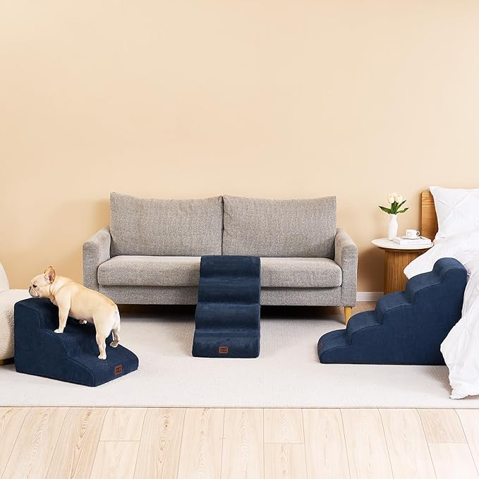 EHEYCIGA Curved Dog Stairs Ramp for High Beds 22.6" H, 5-Step Dog Steps for Small Dogs and Cats, Pet Stairs for High Bed Climbing, Non-Slip Balanced Pet Step Indoor, Navy-PawvioPets