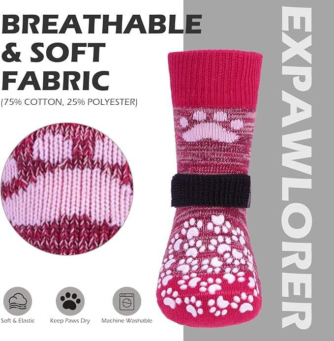 EXPAWLORER Anti Slip Dog Socks to Prevent Licking Paws, Dog Shoes for Hot Pavement, Dog Booties for Small Medium Large Senior Dogs, Traction Control Boots & Paw Protectors for Hardwood Floors Rose-PawvioPets