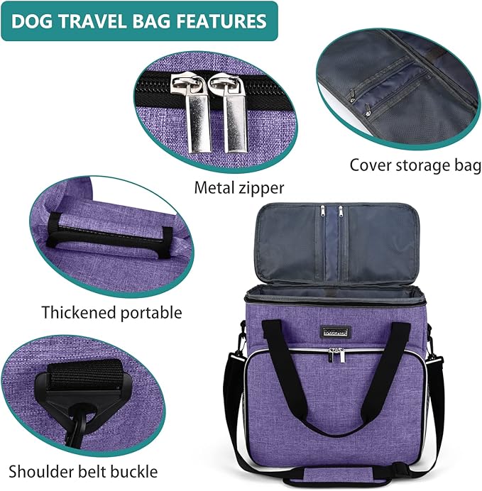 BAGLHER Dog Travel Bag, Pet Travel Bag (ALL Pet Travel Supplies), With 2 Pet Food Containers and 2 Collapsible Silicone Bowls; Essential Kits for Pet Travel Purple-PawvioPets
