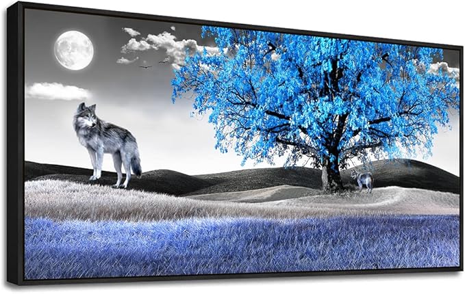 Frame Canvas Wall Art For Living Room Family Wall Decorations For Bedroom Modern Office Wall Decor Paintings Blue Tree Landscape Pictures Artwork Canvas Art Prints Home Decor Black Framed 24" X 48"-PawvioPets
