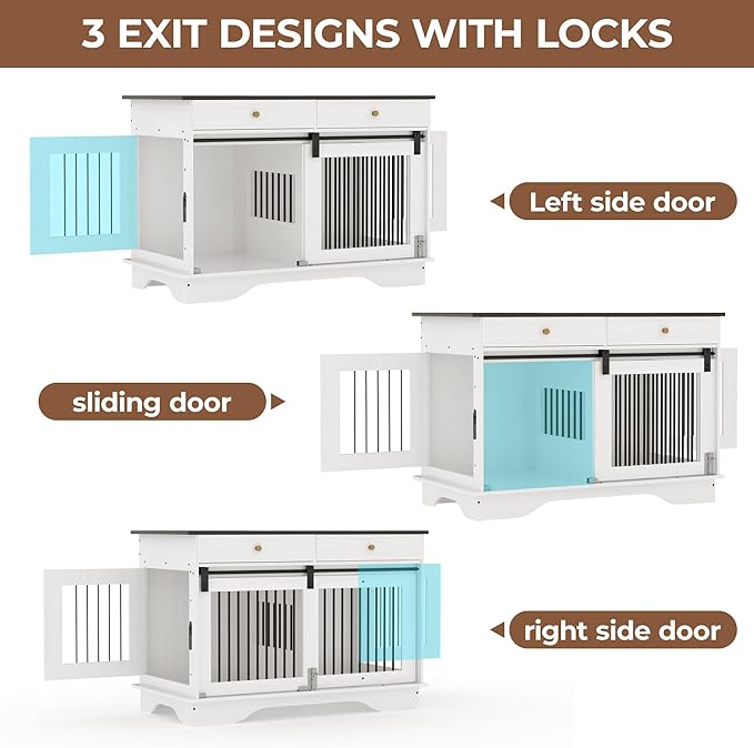 Dog Furniture Crate, 47" Large Dog Crate Furniture w/ 2 Storage Draws & Removable Divider for Large/Medium/Small Dogs (White, Double Cage)-PawvioPets