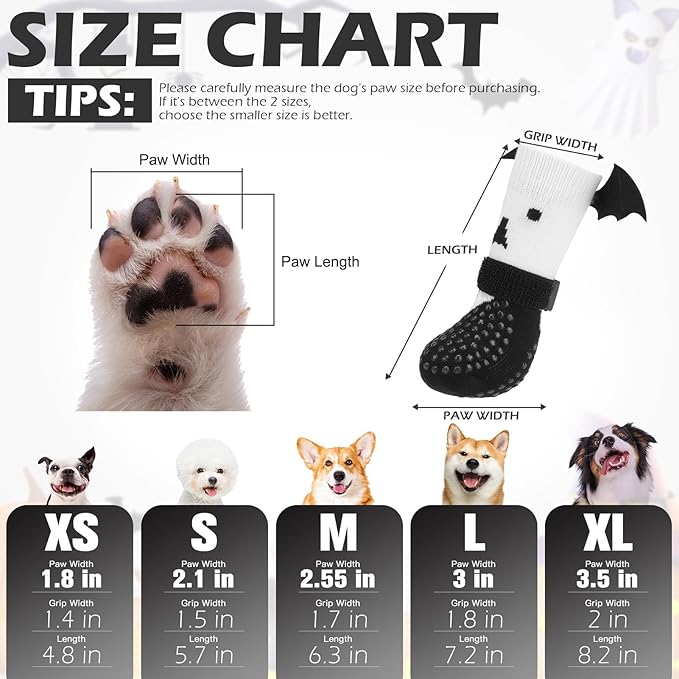 EXPAWLORER Halloween Anti Slip Dog Socks to Prevent Licking Paws, Boots & Paw Protectors with Grippers,Doggie Booties for Hardwood Floors for Small Medium Large Senior Dogs Costume White Ghost Wings M-PawvioPets