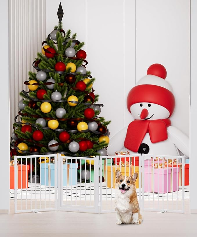 Full Metal Freestanding Dog Gate with Door, 24'' Height Foldable Pet Dog Fence for Indoor & Outdoor, 4 Panels Extra Wide Free Standing SmallDog Gates for Doorways,House,Stairs,Porch,Deck,Yard-PawvioPets