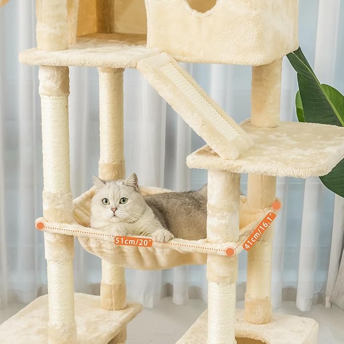 73 inches Large Cat Tree for Indoor Cats, Tall Cat Tower with Sisal Scratching Posts and Pads, Padded Plush Perch, Cozy Basket, Plush Condo for Large Cats (Beige)-PawvioPets