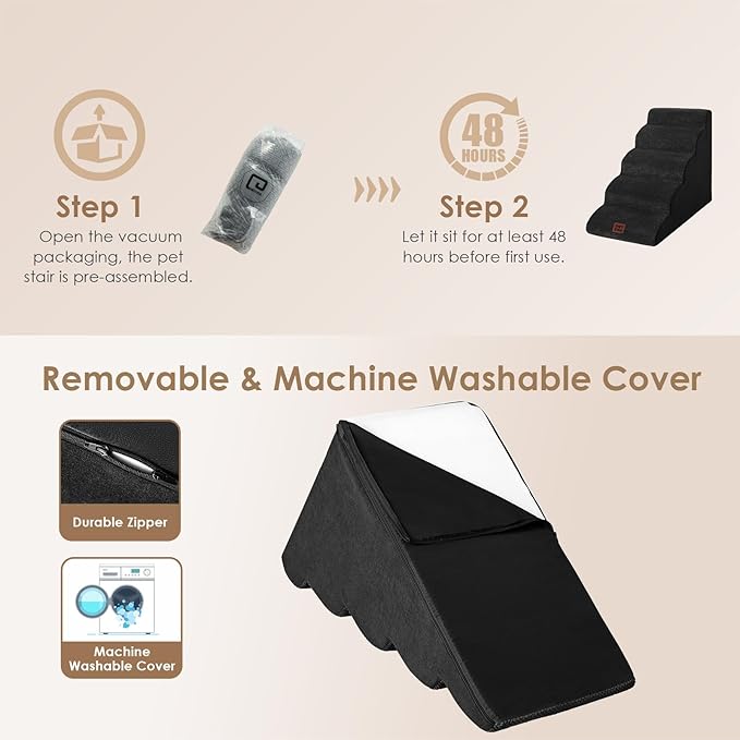 EHEYCIGA Curved Dog Stairs Ramp for High Beds 22.6" H, 5-Step Dog Steps for Small Dogs and Cats, Pet Stairs for High Bed Climbing, Non-Slip Balanced Pet Step Indoor, Black-PawvioPets