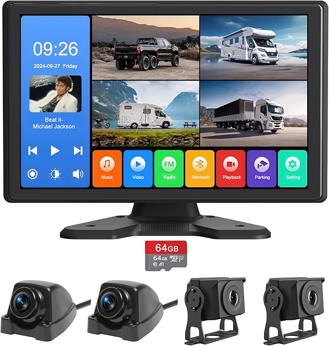 4 Channel Backup Camera System,Touchable 10.26 inch Monitor with DVR Stereo, 64GB Card, IP69 Waterproof, Nightvision 1080P Backup Camera for RV/Truck/Trailer Pickup,Rear Side Front Wired System-PawvioPets